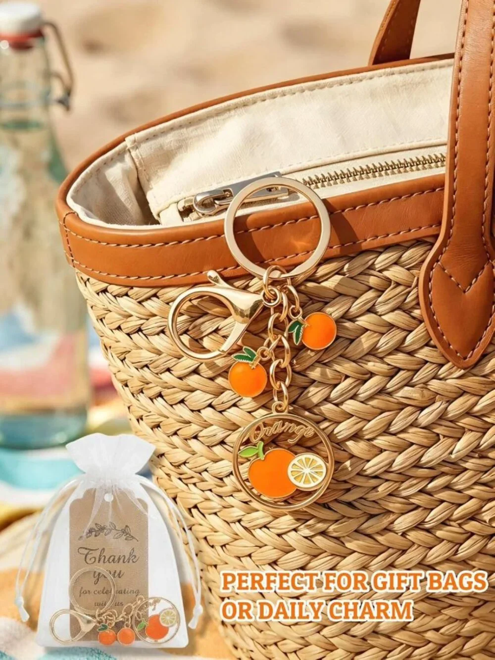 20 Orange Fruit Keychains with Thank You Cards & Gift Bags - Perfect for